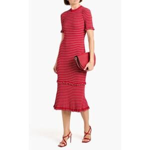 Altuzarra Red Delpini Stripe Ruffle Trim Midi Dress size M medium